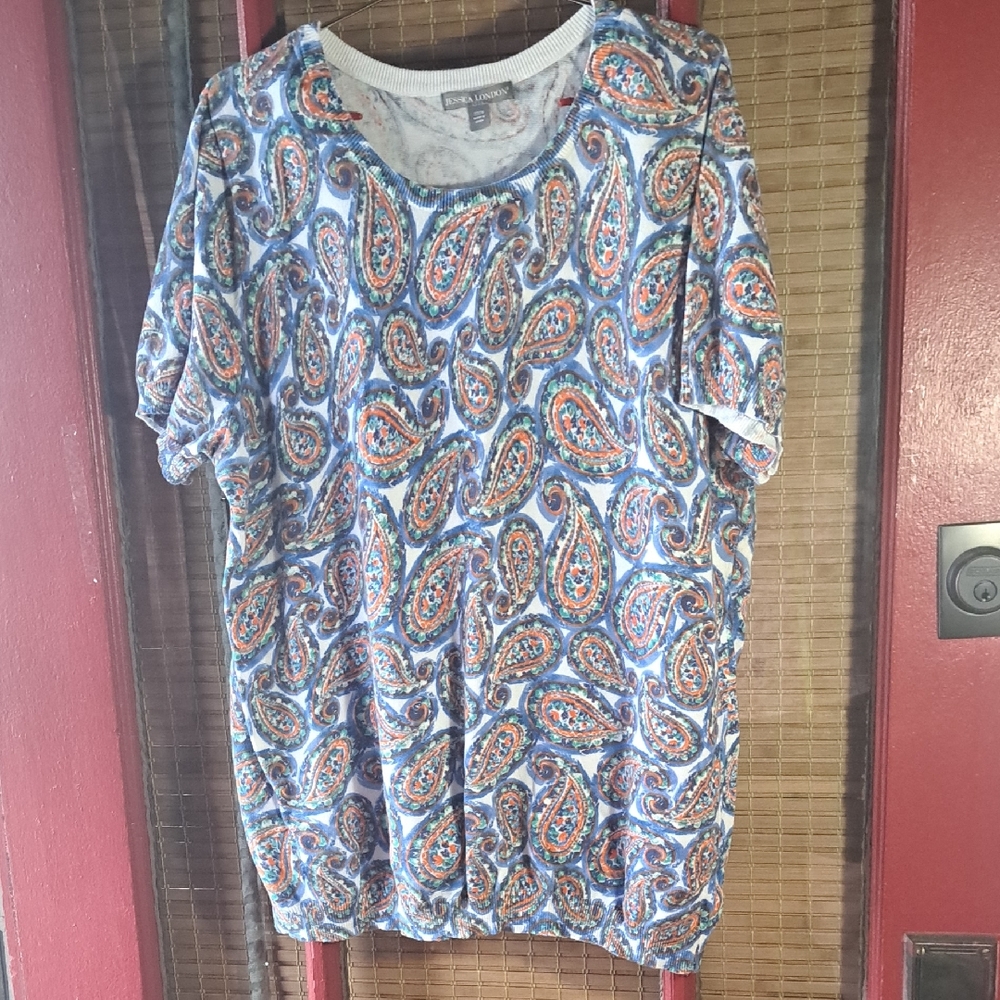 Jessica London Blue and Orange Paisley Short Sleeve Top